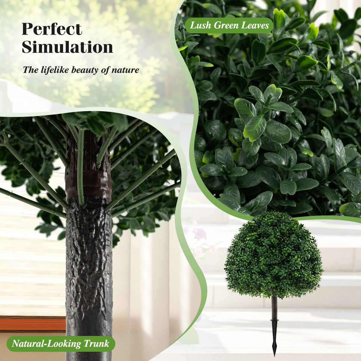 28-Inch Artificial Boxwood Topiary Ball Tree Set of 2 with Ground Spike - Green