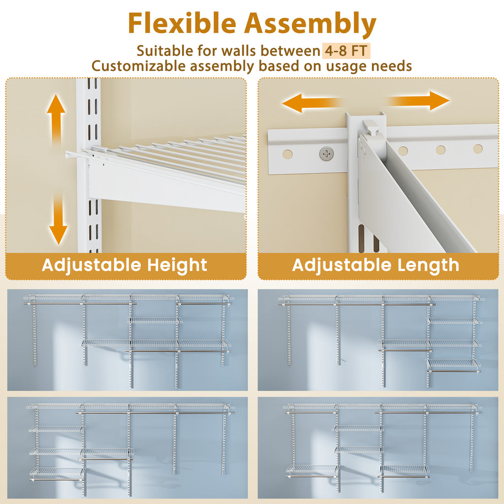 4-8 Feet Closet Organizers and Storage System with Hanging Rod for