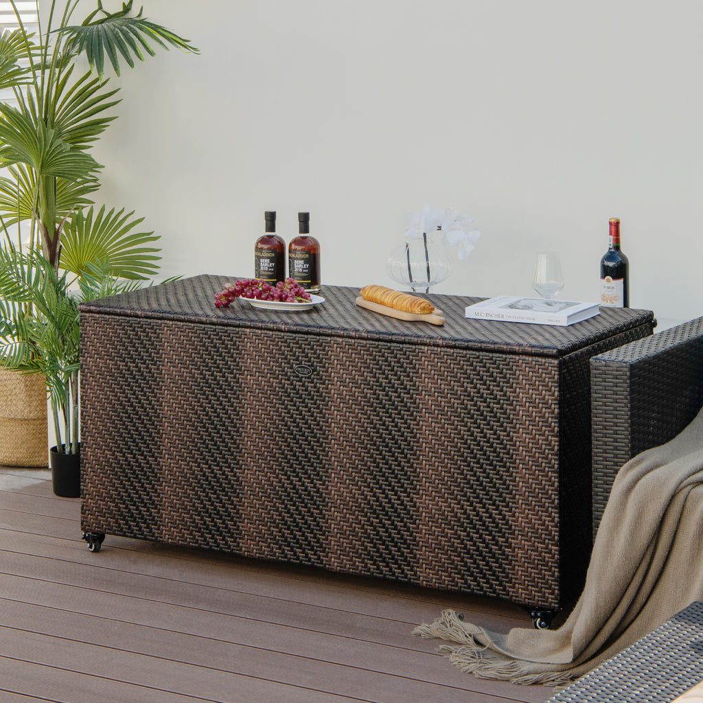 96 Gallon PE Wicker Outdoor Storage Box with Wheels - Gray