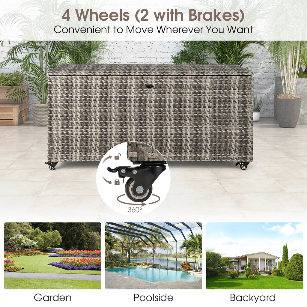 96 Gallon PE Wicker Outdoor Storage Box with Wheels - Gray