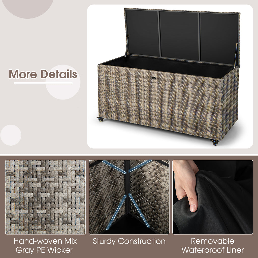 96 Gallon PE Wicker Outdoor Storage Box with Wheels - Gray