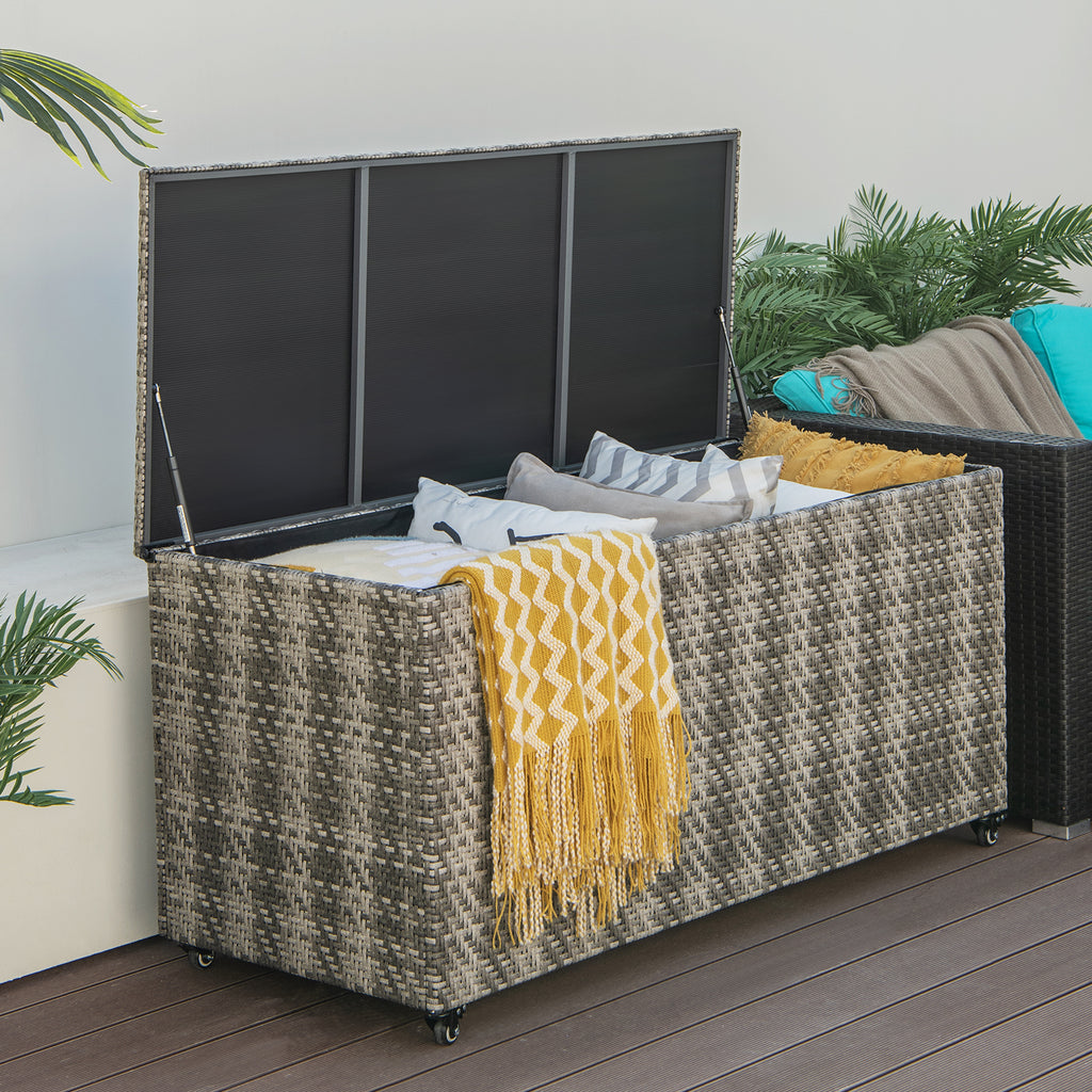 96 Gallon PE Wicker Outdoor Storage Box with Wheels - Gray