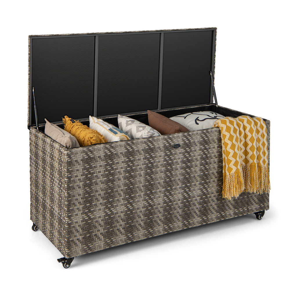 96 Gallon PE Wicker Outdoor Storage Box with Wheels - Gray