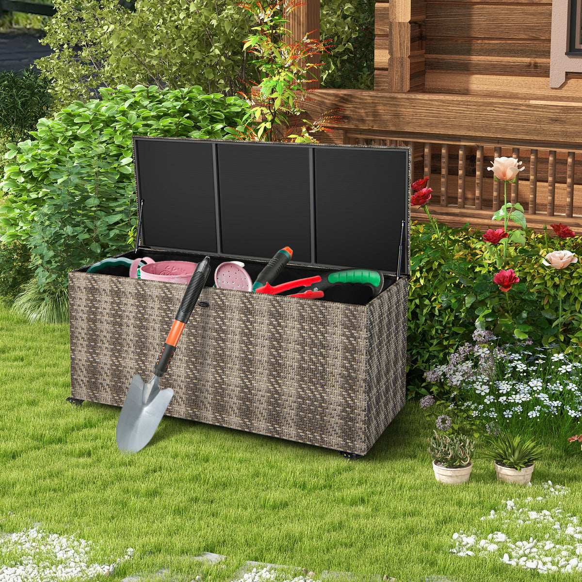 96 Gallon PE Wicker Outdoor Storage Box with Wheels - Gray