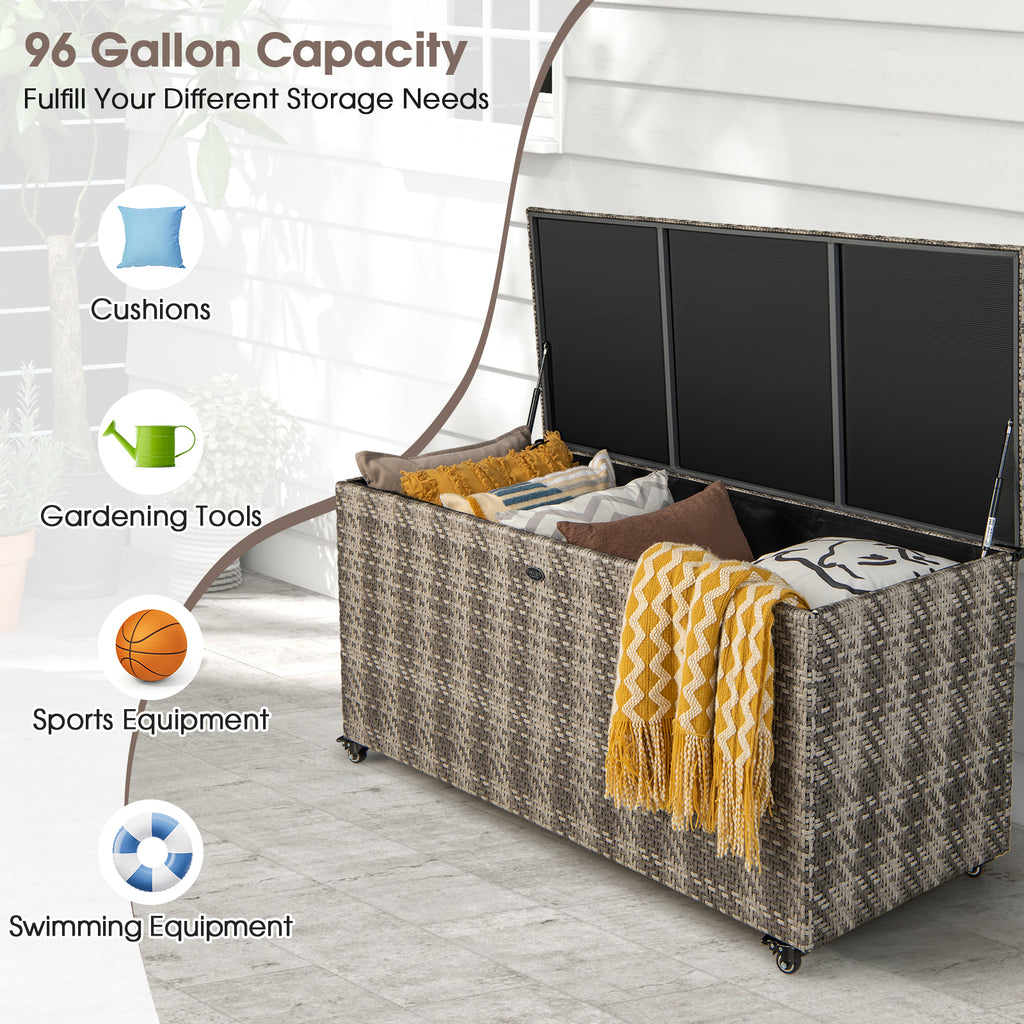 96 Gallon PE Wicker Outdoor Storage Box with Wheels - Gray