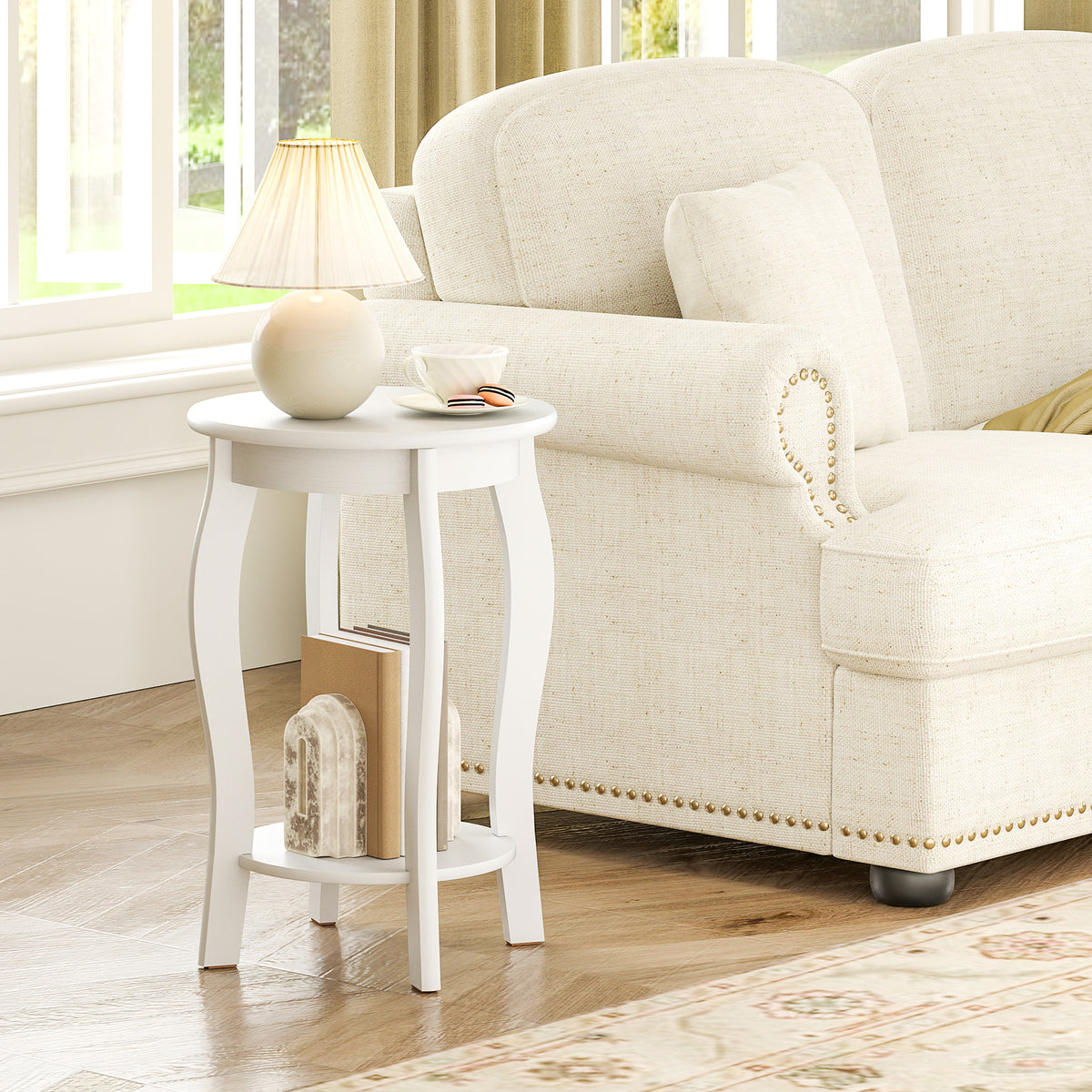 15 Inch 2-Tier Round End Table with Storage Shelf, Set of 2 - White