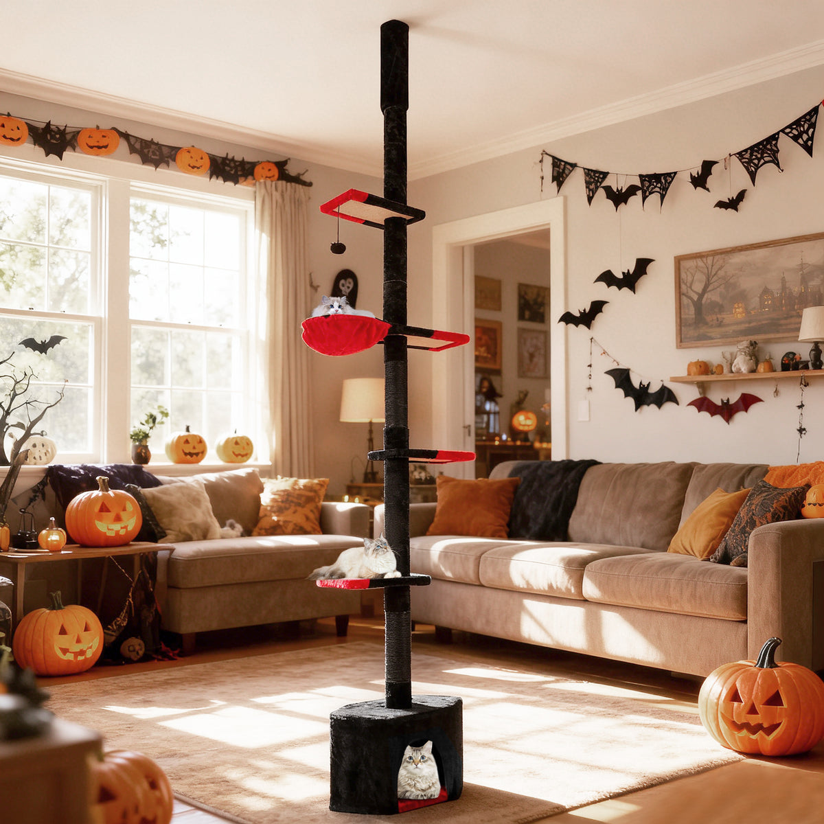 Floor to Ceiling Gothic Cat Tree 97-118 Inches Adjustable 5-Tier with Condo - Black & Red