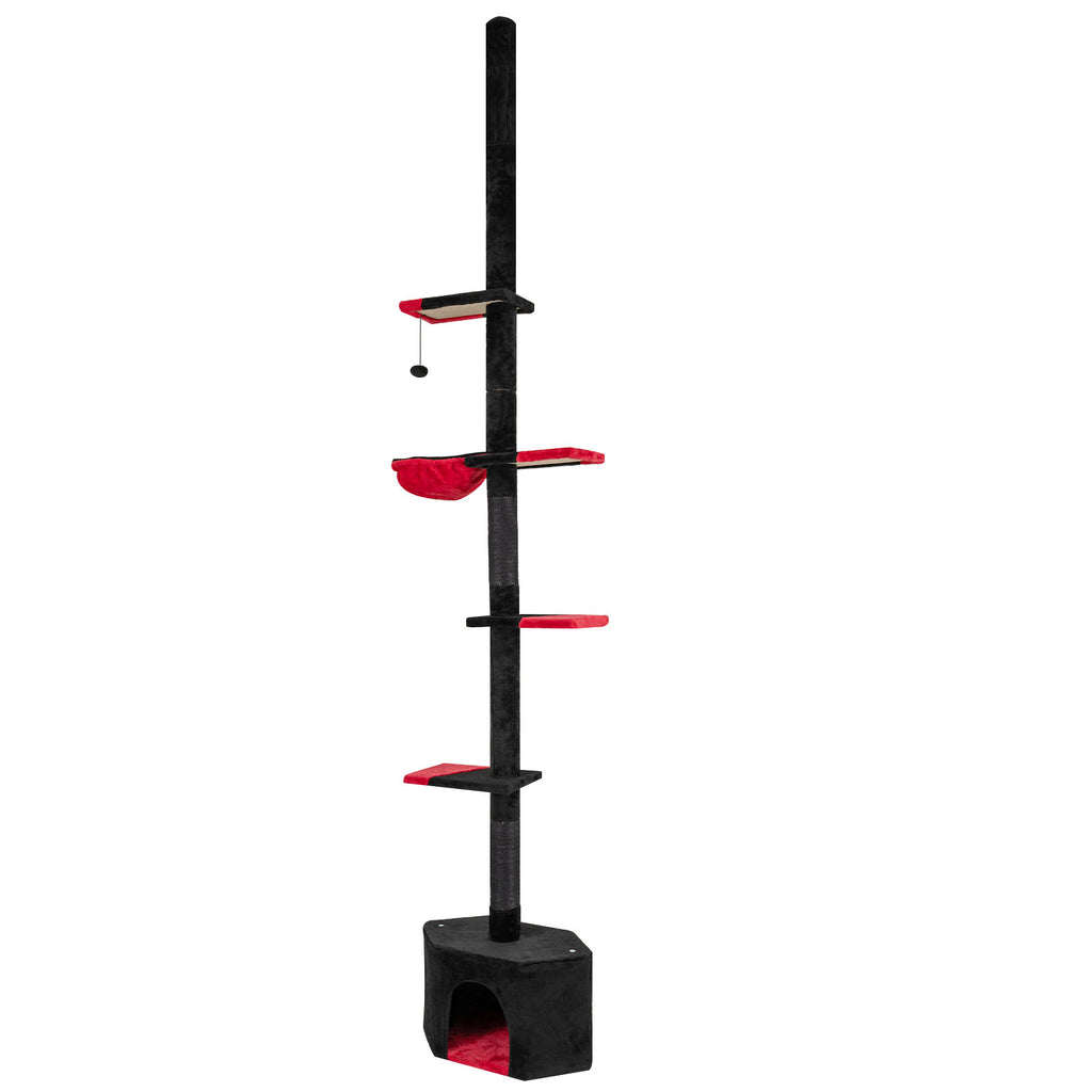 Floor to Ceiling Gothic Cat Tree 97-118 Inches Adjustable 5-Tier with Condo - Black & Red