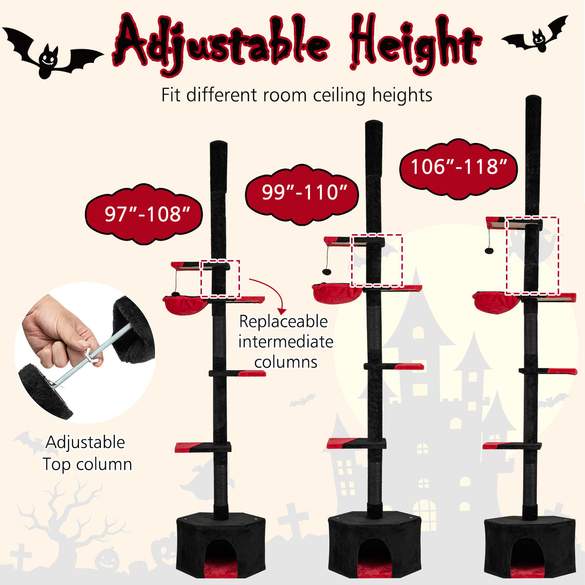 Floor to Ceiling Gothic Cat Tree 97-118 Inches Adjustable 5-Tier with Condo - Black & Red