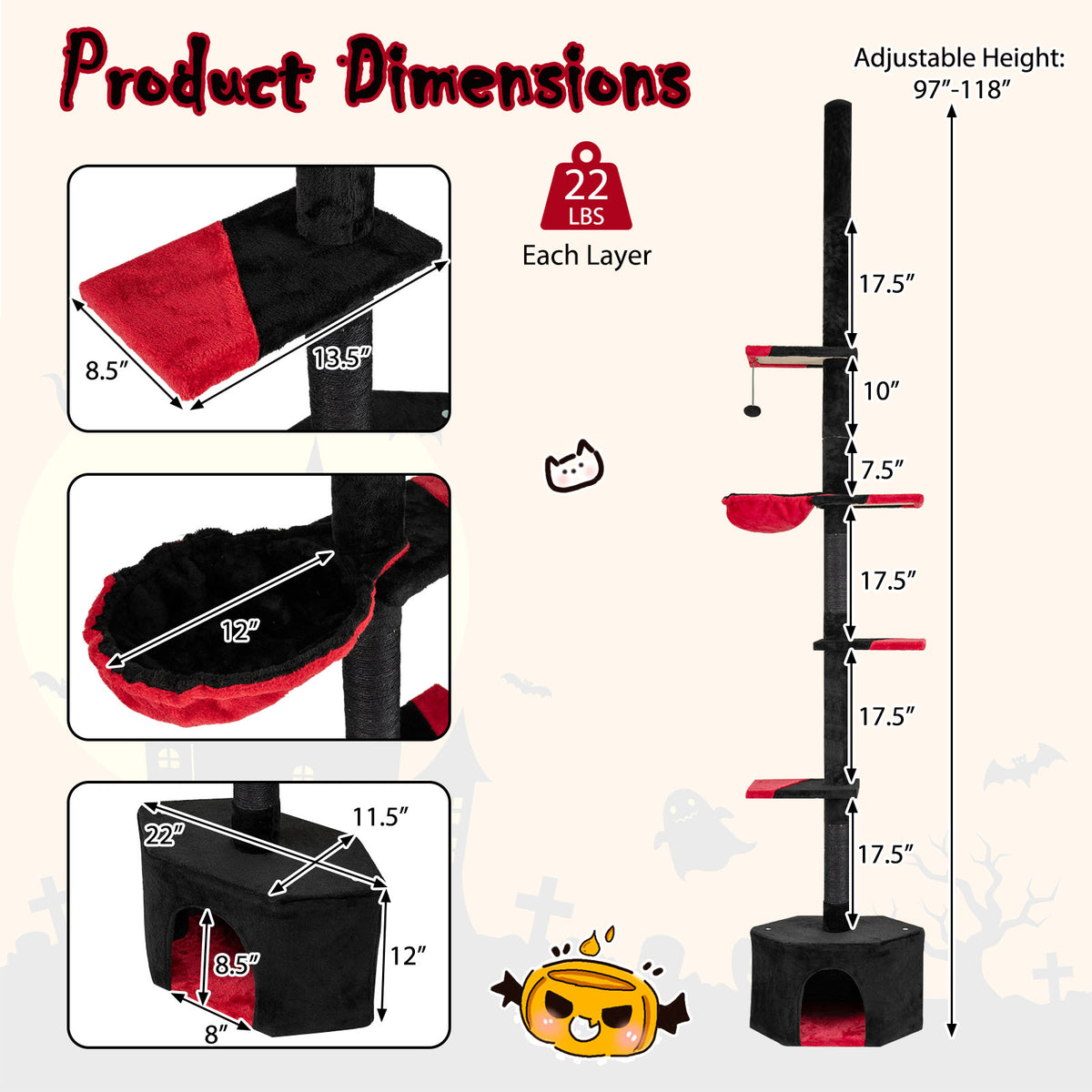 Floor to Ceiling Gothic Cat Tree 97-118 Inches Adjustable 5-Tier with Condo - Black & Red