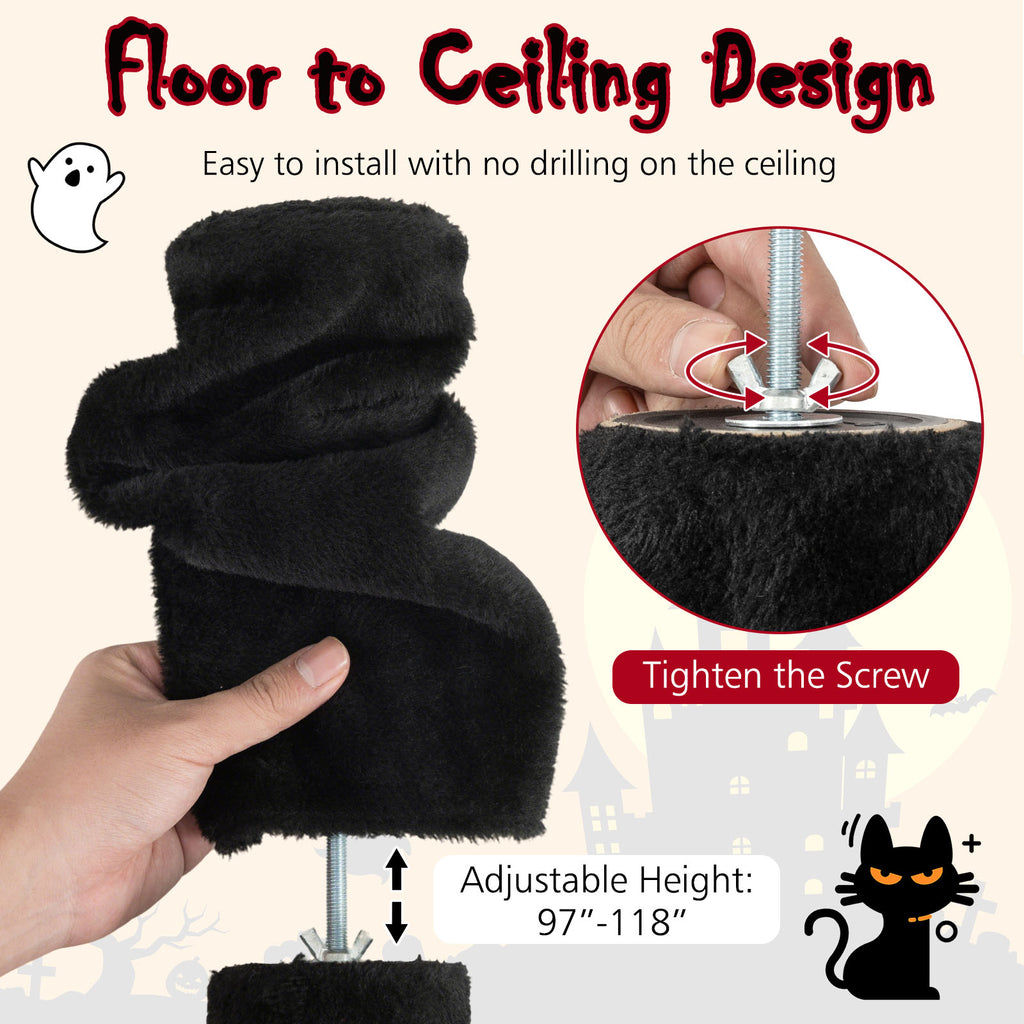 Floor to Ceiling Gothic Cat Tree 97-118 Inches Adjustable 5-Tier with Condo - Black & Red