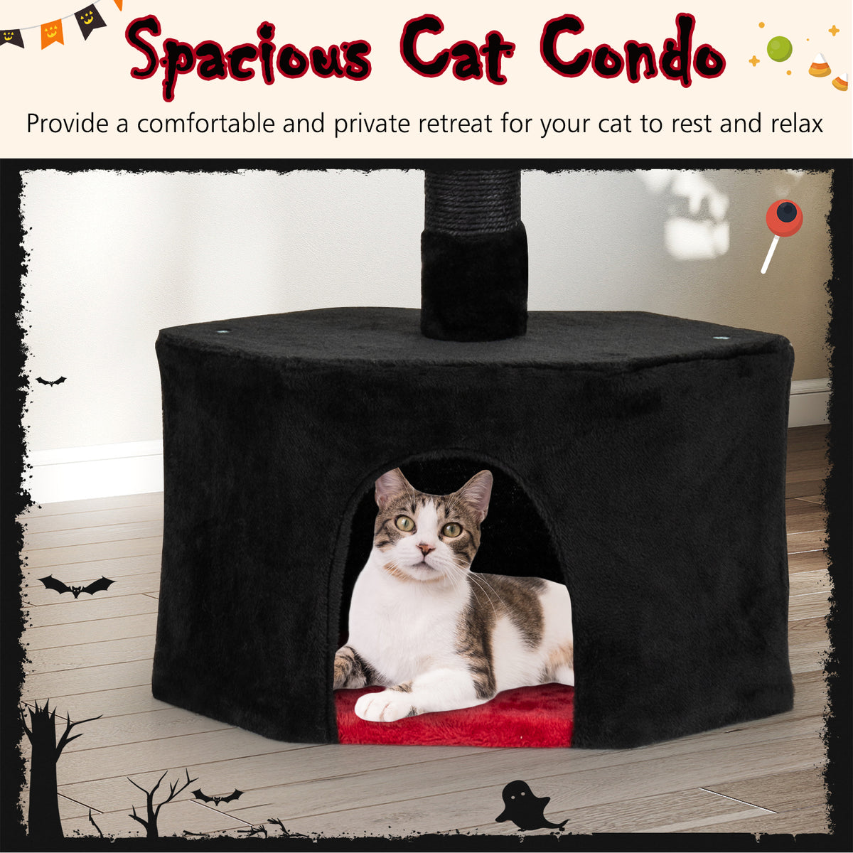 Floor to Ceiling Gothic Cat Tree 97-118 Inches Adjustable 5-Tier with Condo - Black & Red