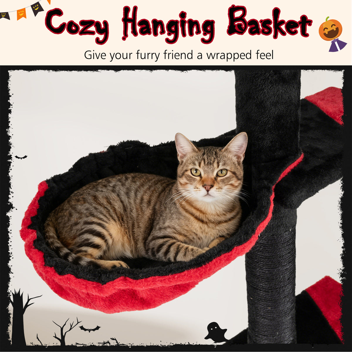 Floor to Ceiling Gothic Cat Tree 97-118 Inches Adjustable 5-Tier with Condo - Black & Red