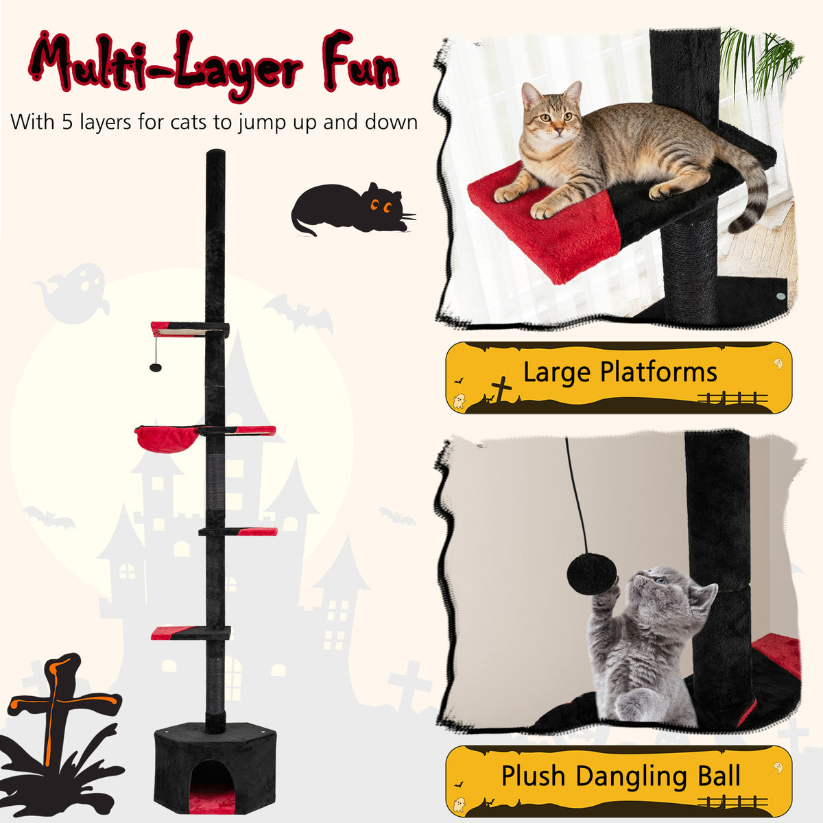 Floor to Ceiling Gothic Cat Tree 97-118 Inches Adjustable 5-Tier with Condo - Black & Red