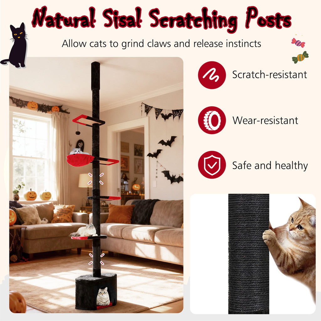 Floor to Ceiling Gothic Cat Tree 97-118 Inches Adjustable 5-Tier with Condo - Black & Red