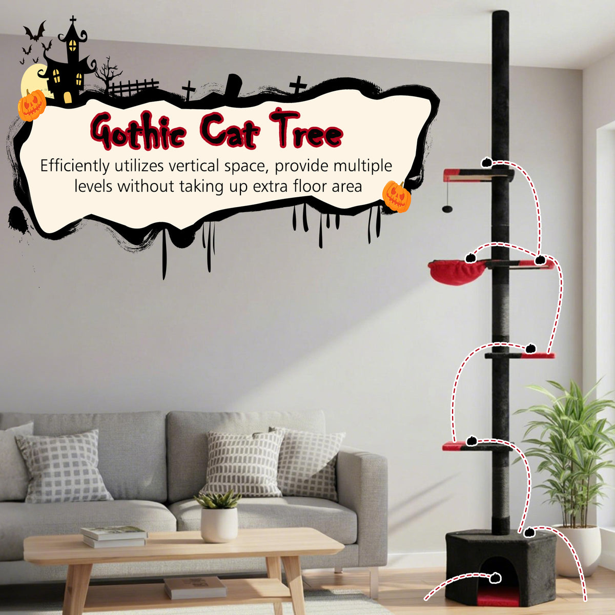 Floor to Ceiling Gothic Cat Tree 97-118 Inches Adjustable 5-Tier with Condo - Black & Red