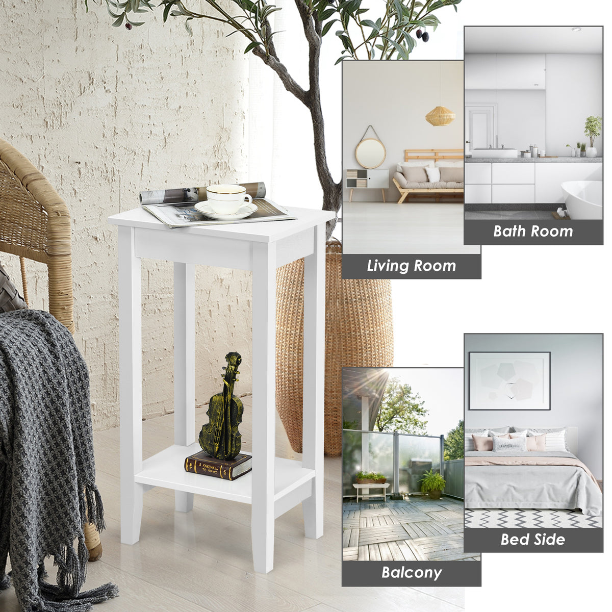 2-Tier End Table with Storage Shelf, Set of 2, White