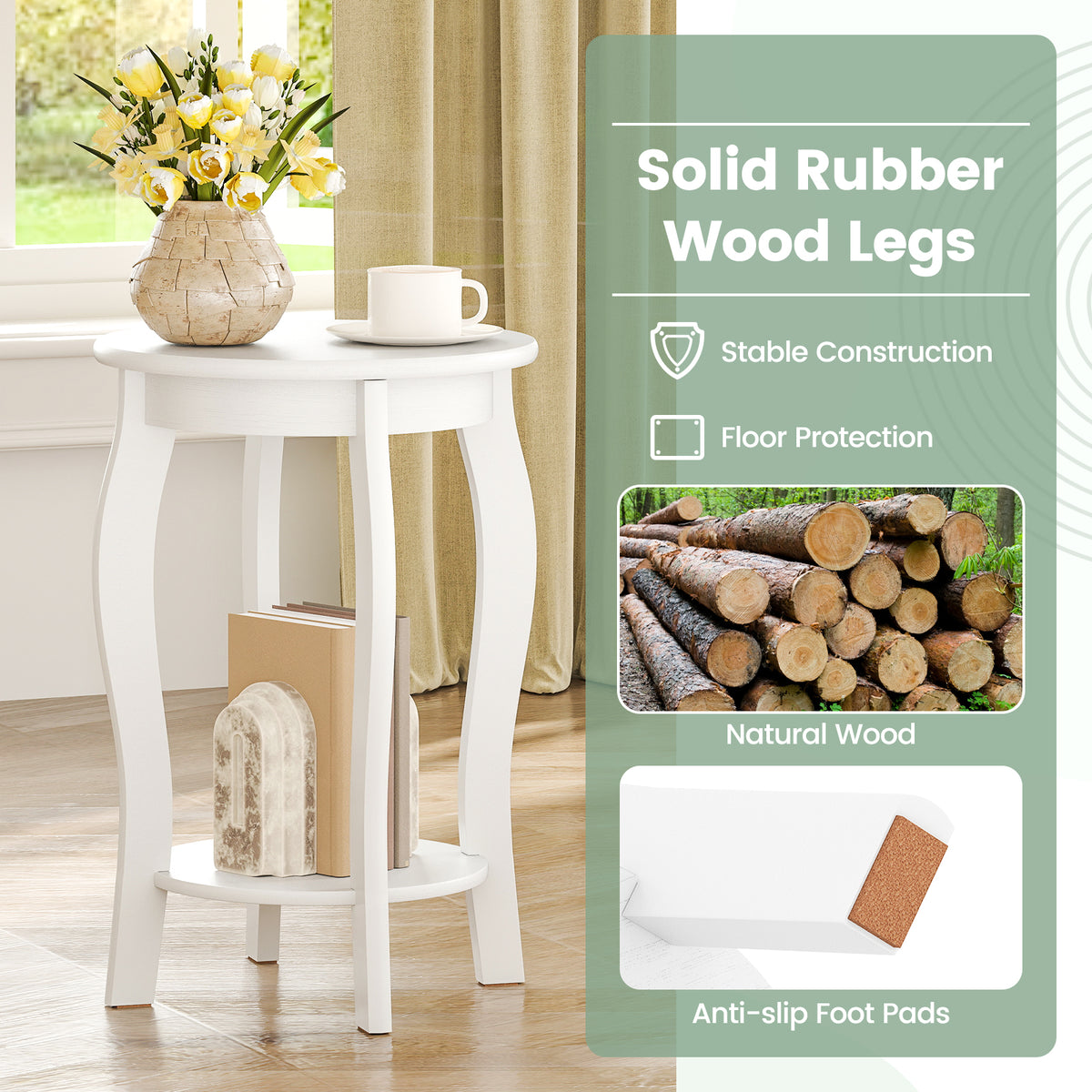 15 Inch Round End Table with Storage Shelf - White