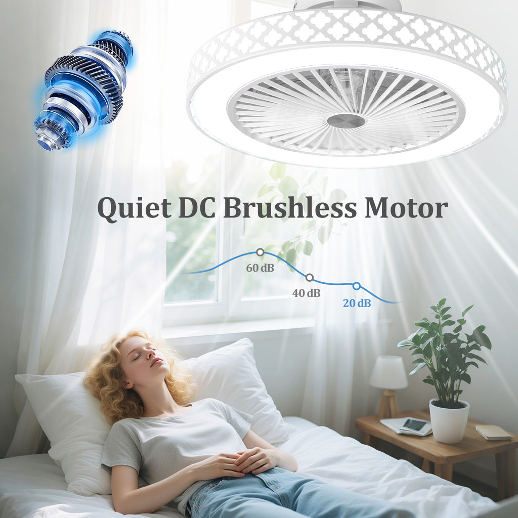White 19-Inch Ceiling Fan with Light Low Profile Flush Mount – Adjustable Brightness & Quiet Motor