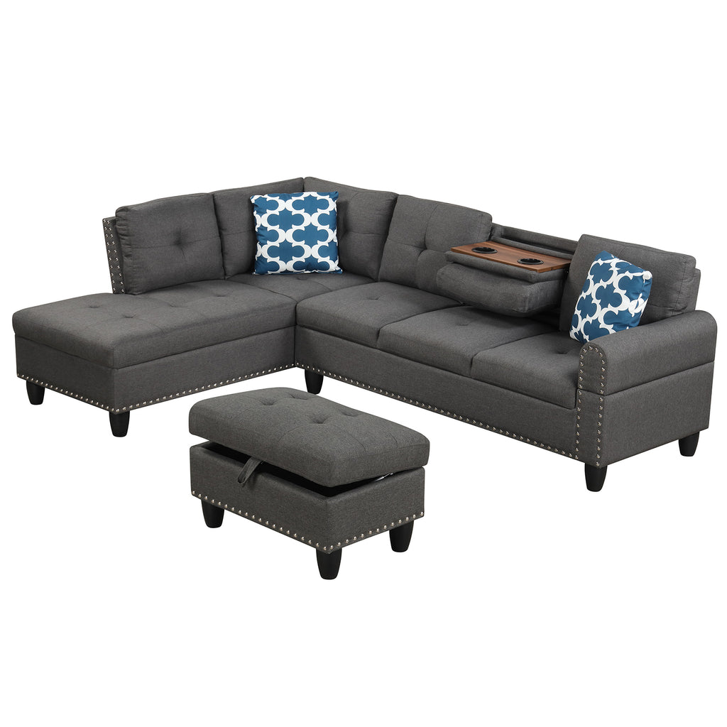 98-Inch Sectional Sofa with Storage Ottoman, Dark Gray