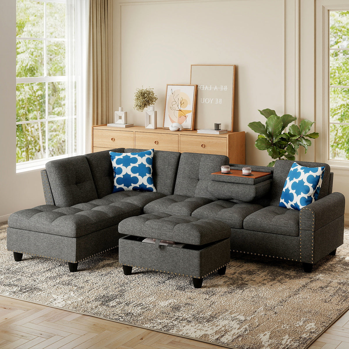 98-Inch Sectional Sofa with Storage Ottoman, Dark Gray