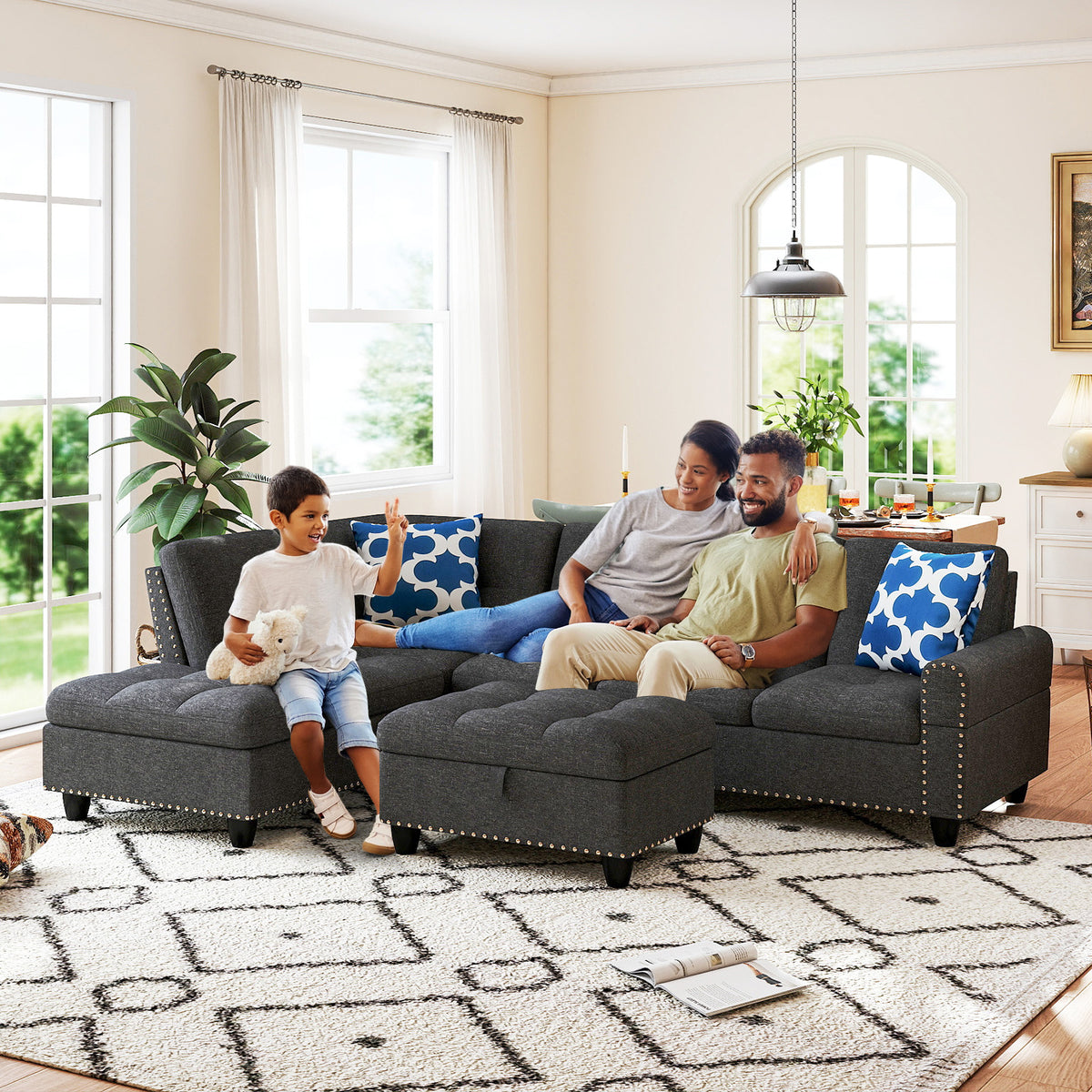 98-Inch Sectional Sofa with Storage Ottoman, Dark Gray