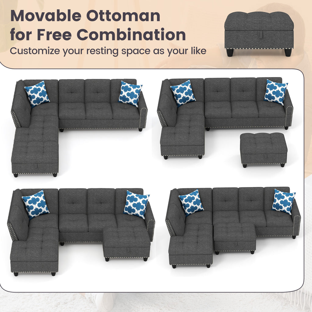 98-Inch Sectional Sofa with Storage Ottoman, Dark Gray