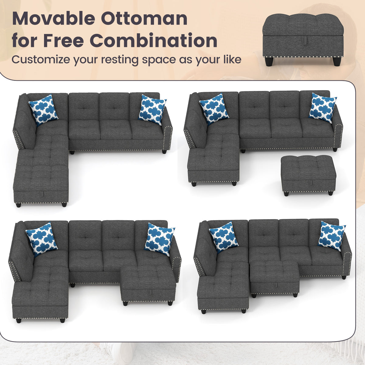 98-Inch Sectional Sofa with Storage Ottoman, Dark Gray