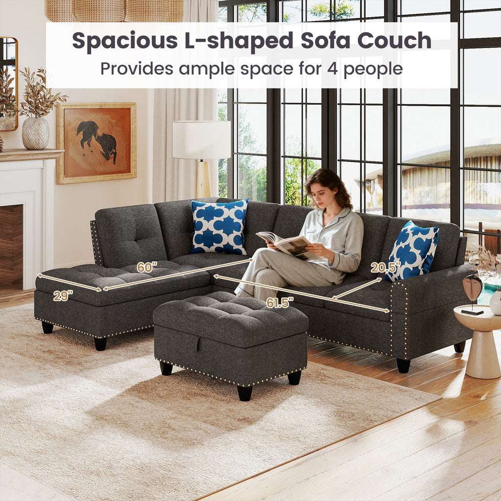 98-Inch Sectional Sofa with Storage Ottoman, Dark Gray