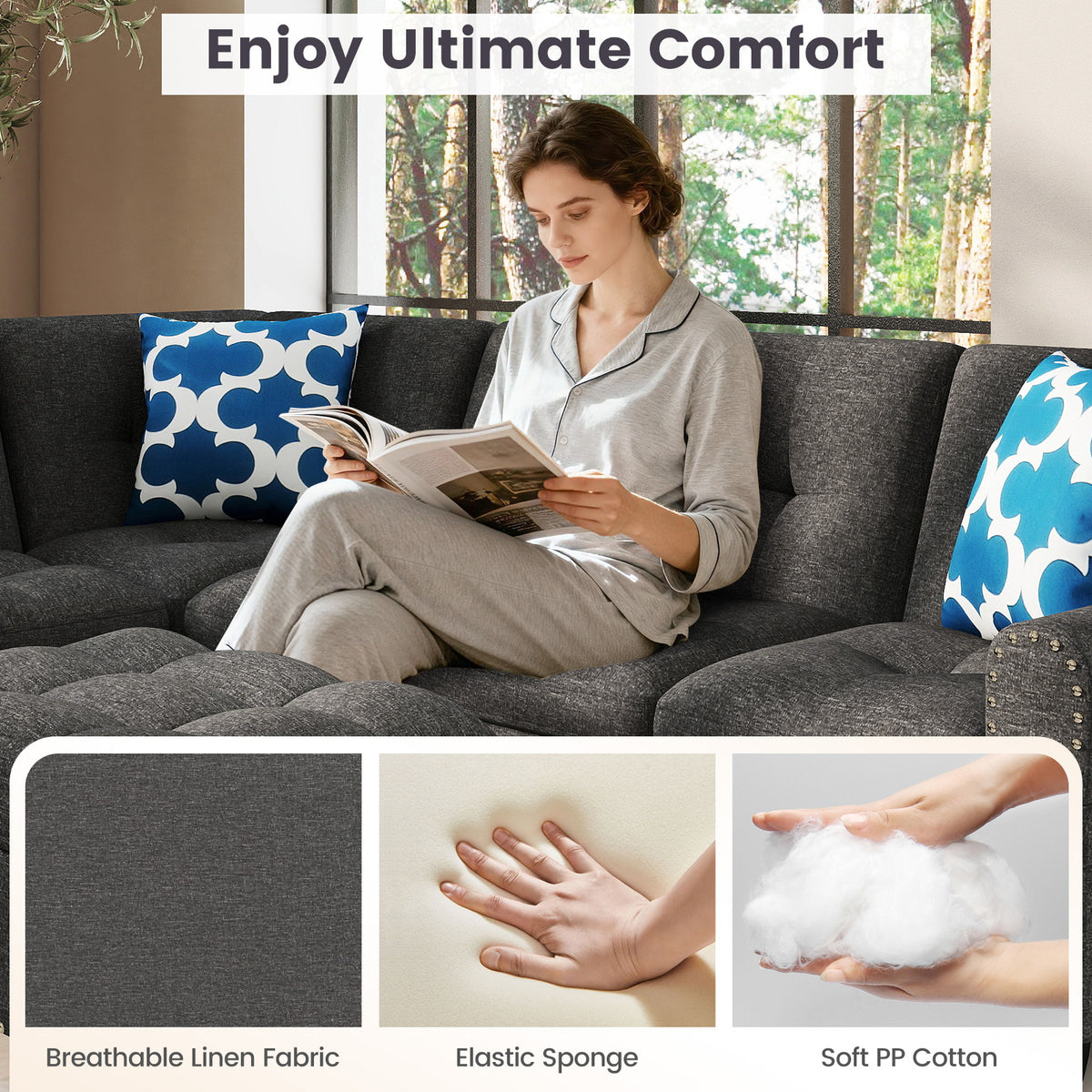 98-Inch Sectional Sofa with Storage Ottoman, Dark Gray