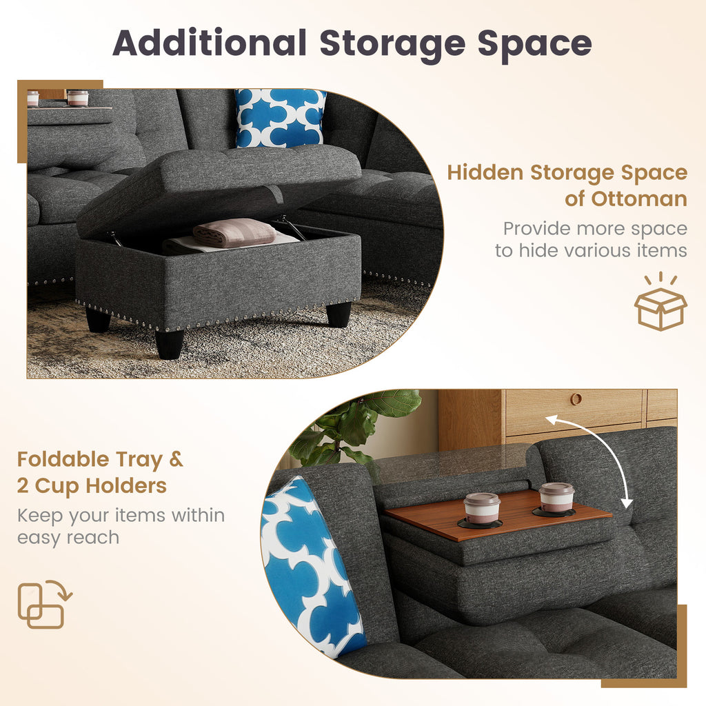 98" Sectional Sofa with Storage Ottoman & Pillows - Dark Gray