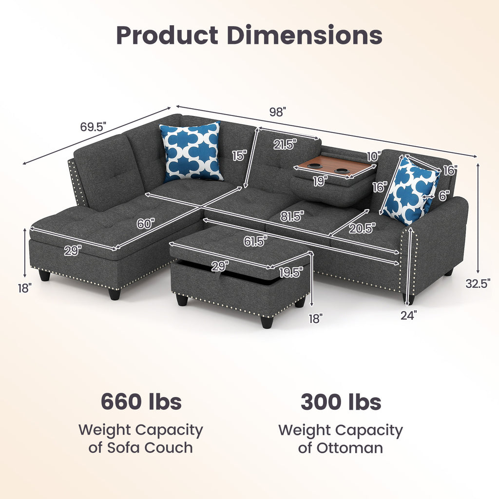 98-Inch Sectional Sofa with Storage Ottoman, Dark Gray