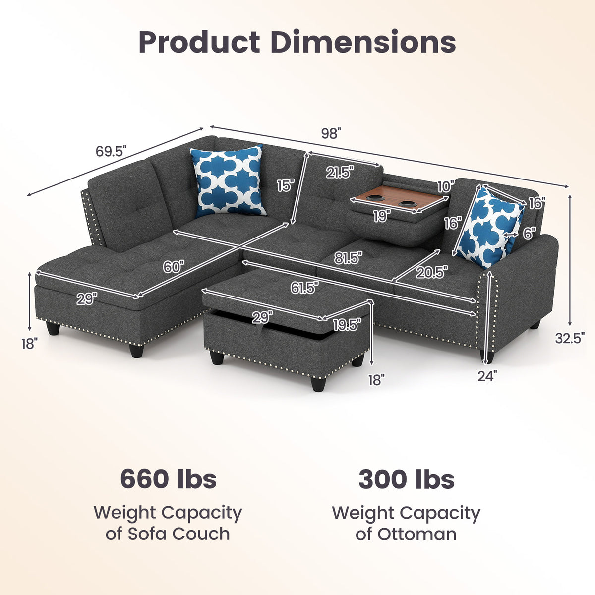 98-Inch Sectional Sofa with Storage Ottoman, Dark Gray