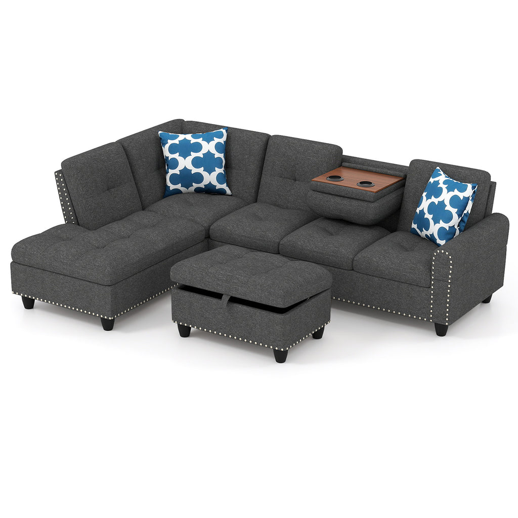 98-Inch Sectional Sofa with Storage Ottoman, Dark Gray