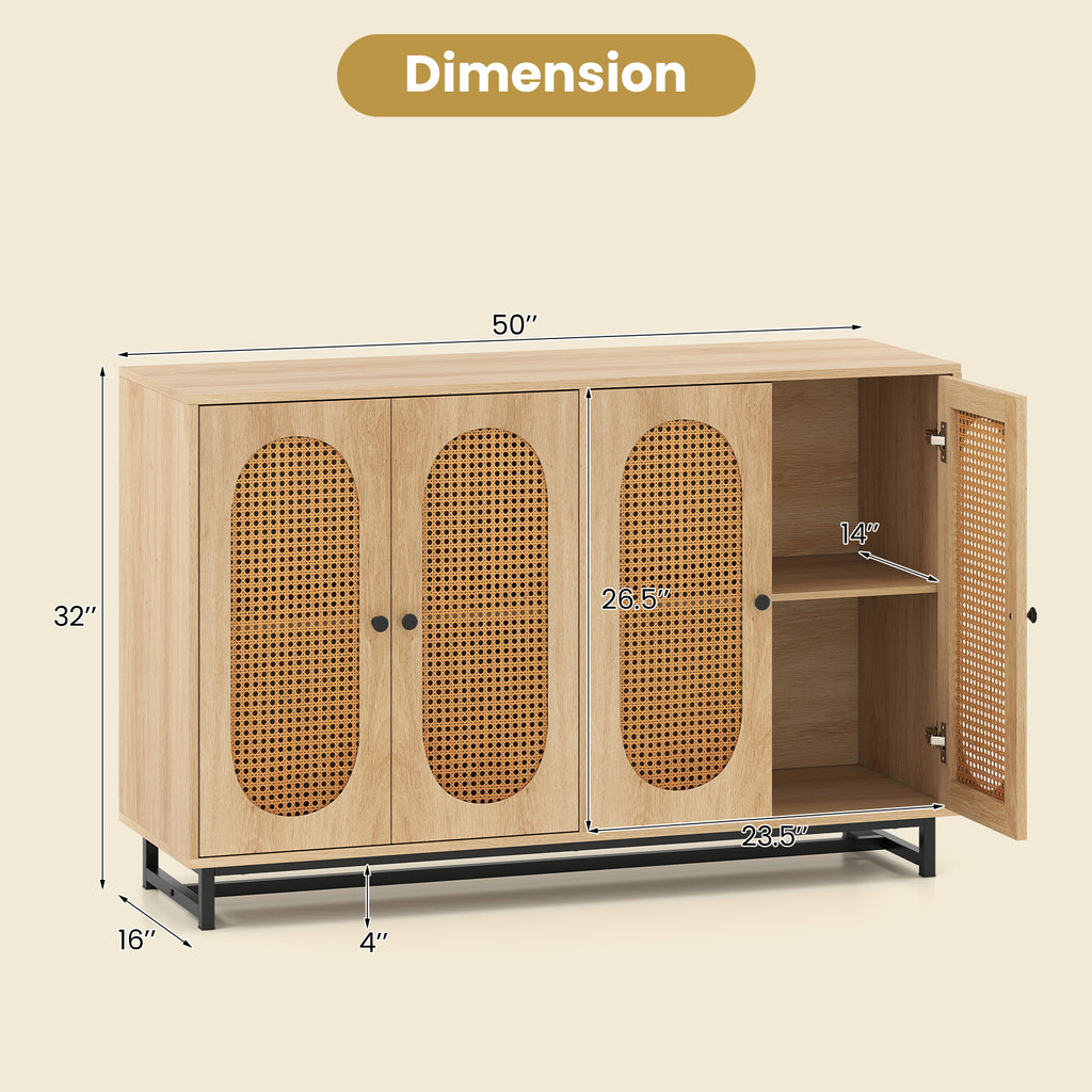 50-Inch Buffet Sideboard Cabinet with 4 Rattan Doors, Natural