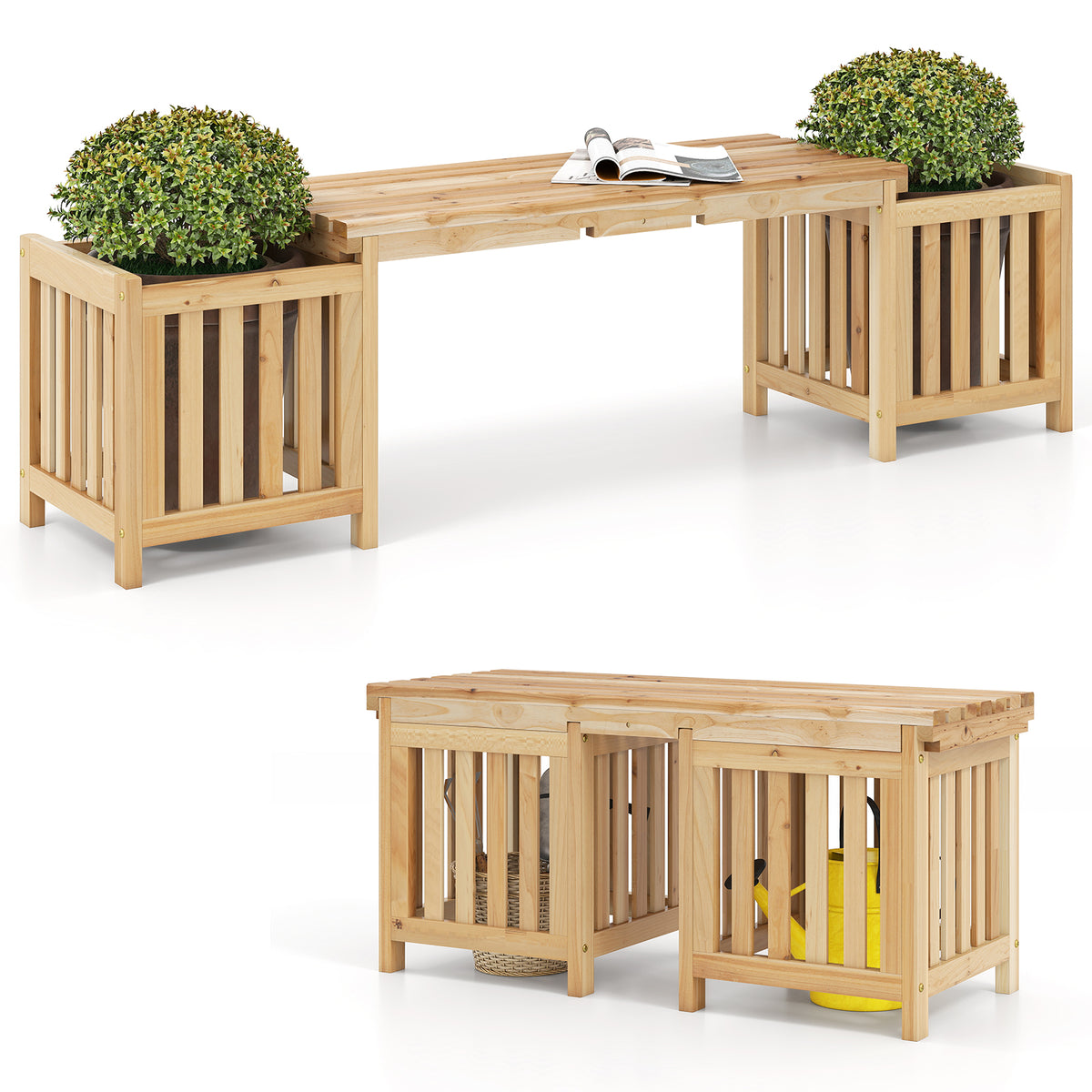 Patio Wooden Bench with Planter 2 Person