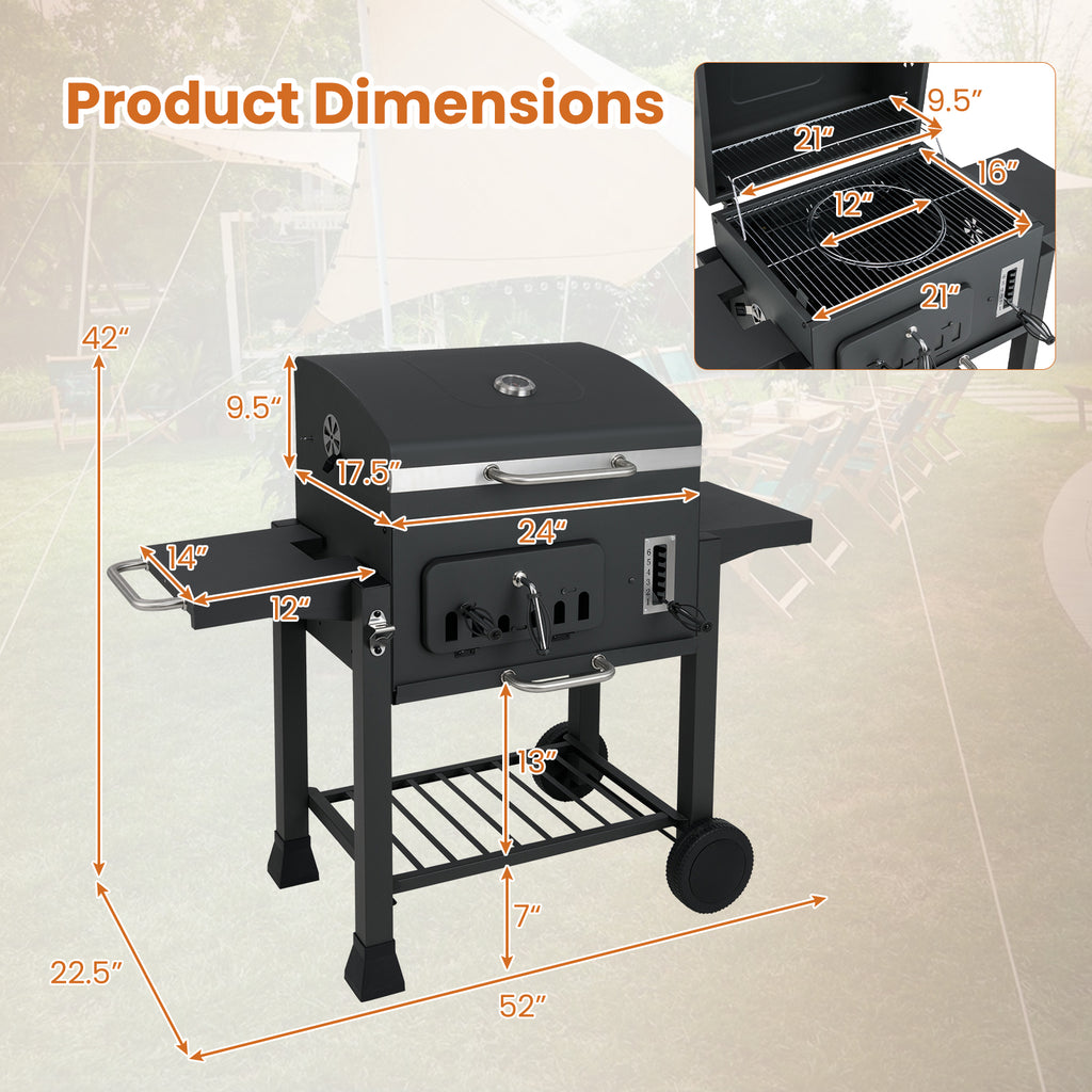 24-Inch Barrel Charcoal Grill with 2 Folding Side Tables and 544