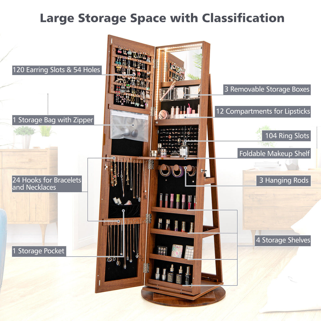 360° Rotating Jewelry Cabinet Armoire with LED Mirror - Dark Brown