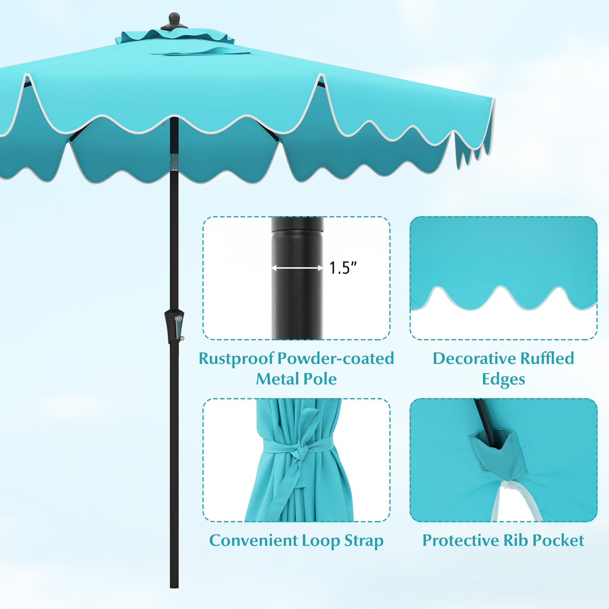 9 Feet Patio Umbrella with Crank Handle and Tilt – Turquoise