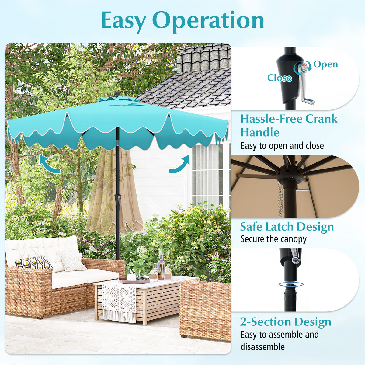 9 Feet Patio Umbrella with Crank Handle and Tilt – Turquoise