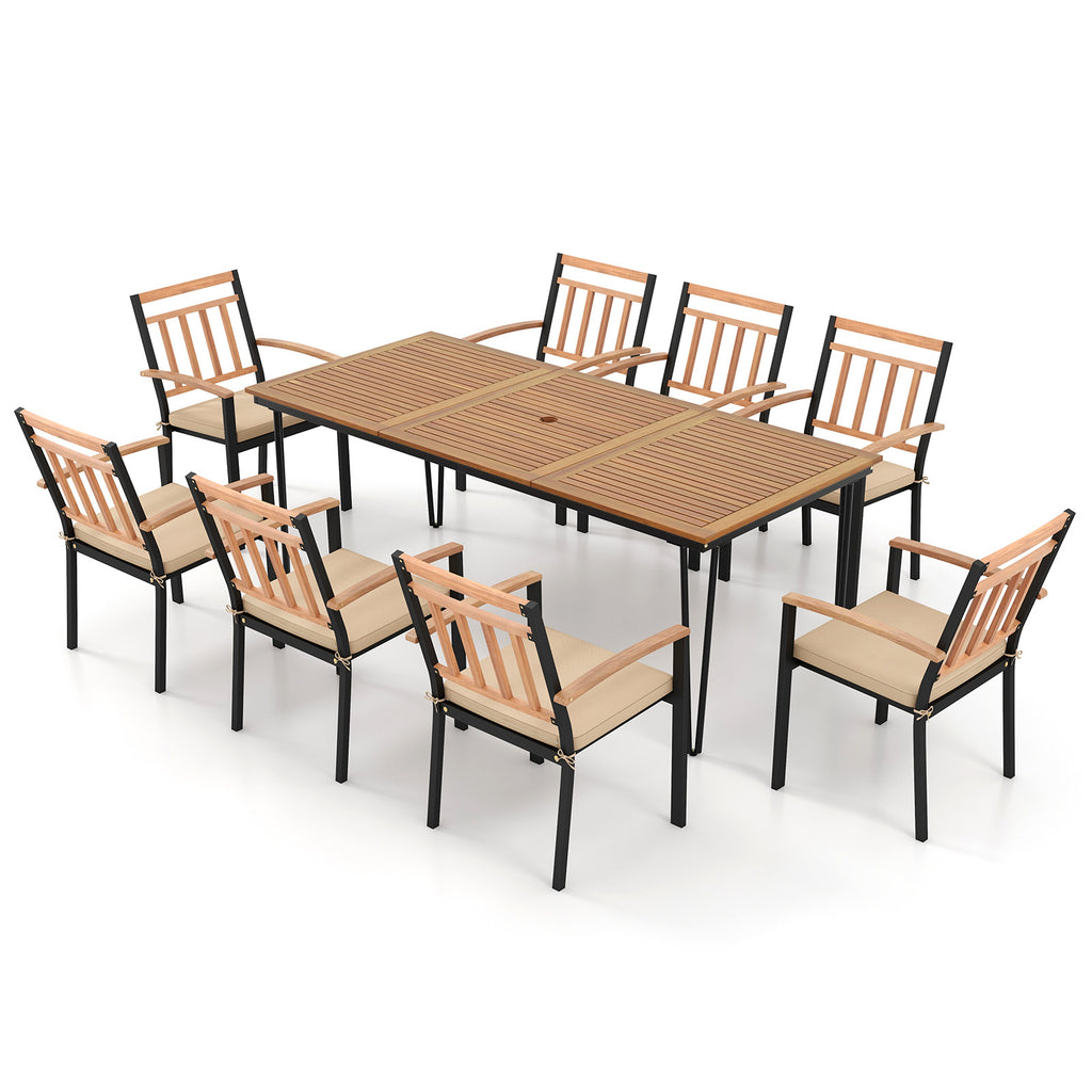 9 Pieces Patio Dining Set 39.5 Inch Acacia Wood Table with Umbrella