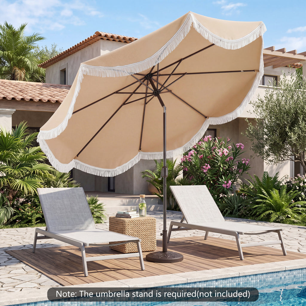 10 FT Patio Umbrella with Fringe Outdoor Tassel Push Button Tilt