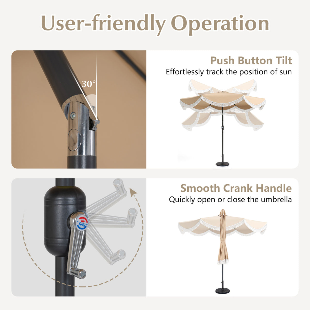 10 FT Patio Umbrella with Fringe Outdoor Tassel Push Button Tilt