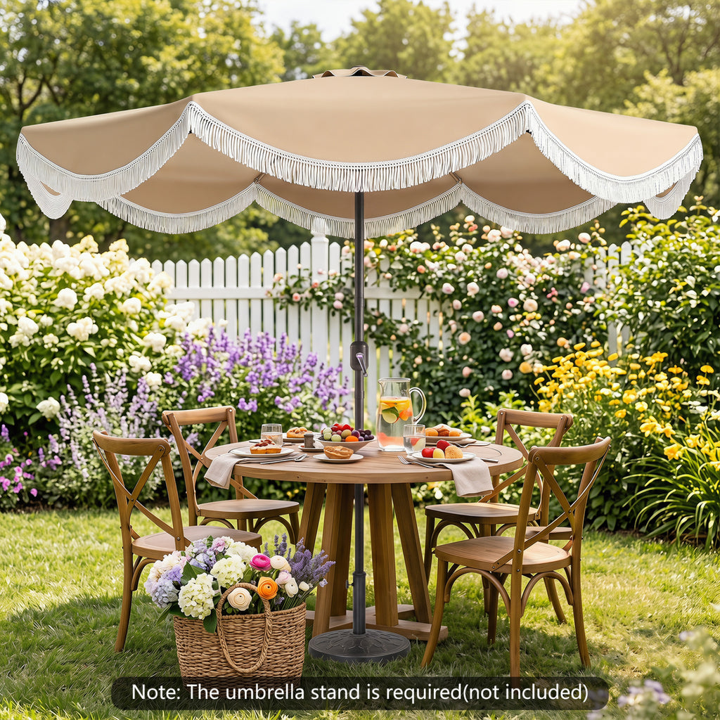 10 FT Patio Umbrella with Fringe Outdoor Tassel Push Button Tilt
