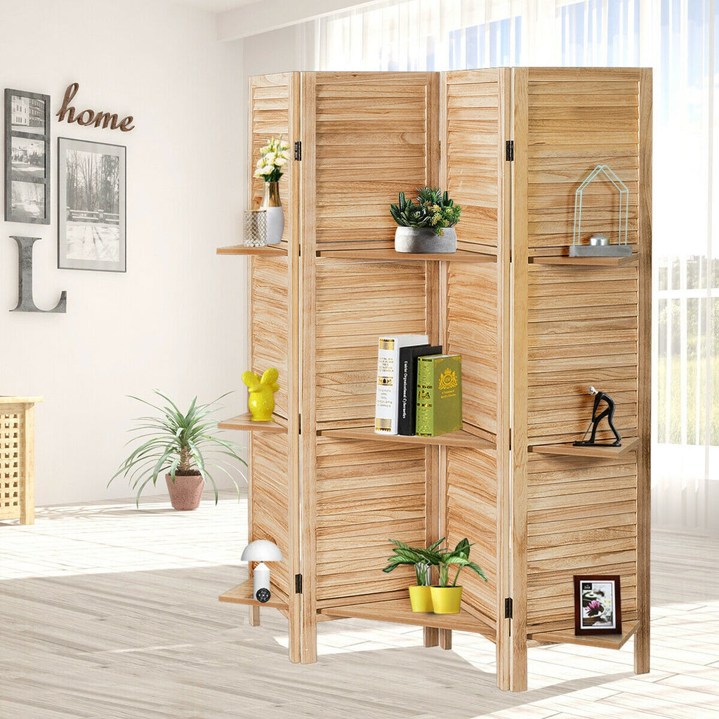 Brown 4 Panel Freestanding Room Divider with Shelves - Folding Privacy Screen