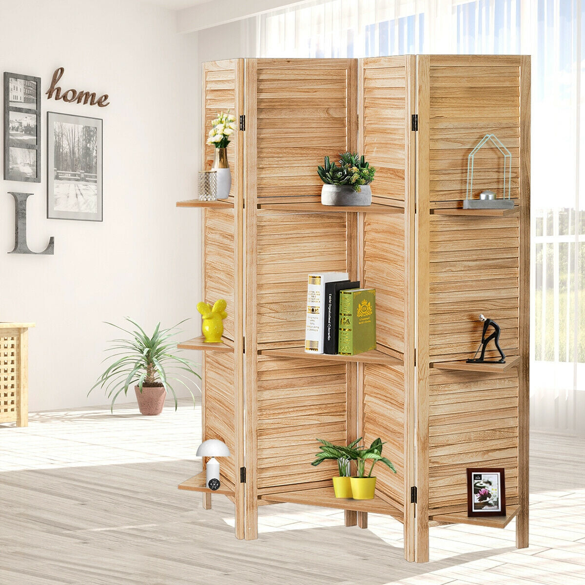 Brown 4 Panel Freestanding Room Divider with Shelves - Folding Privacy Screen