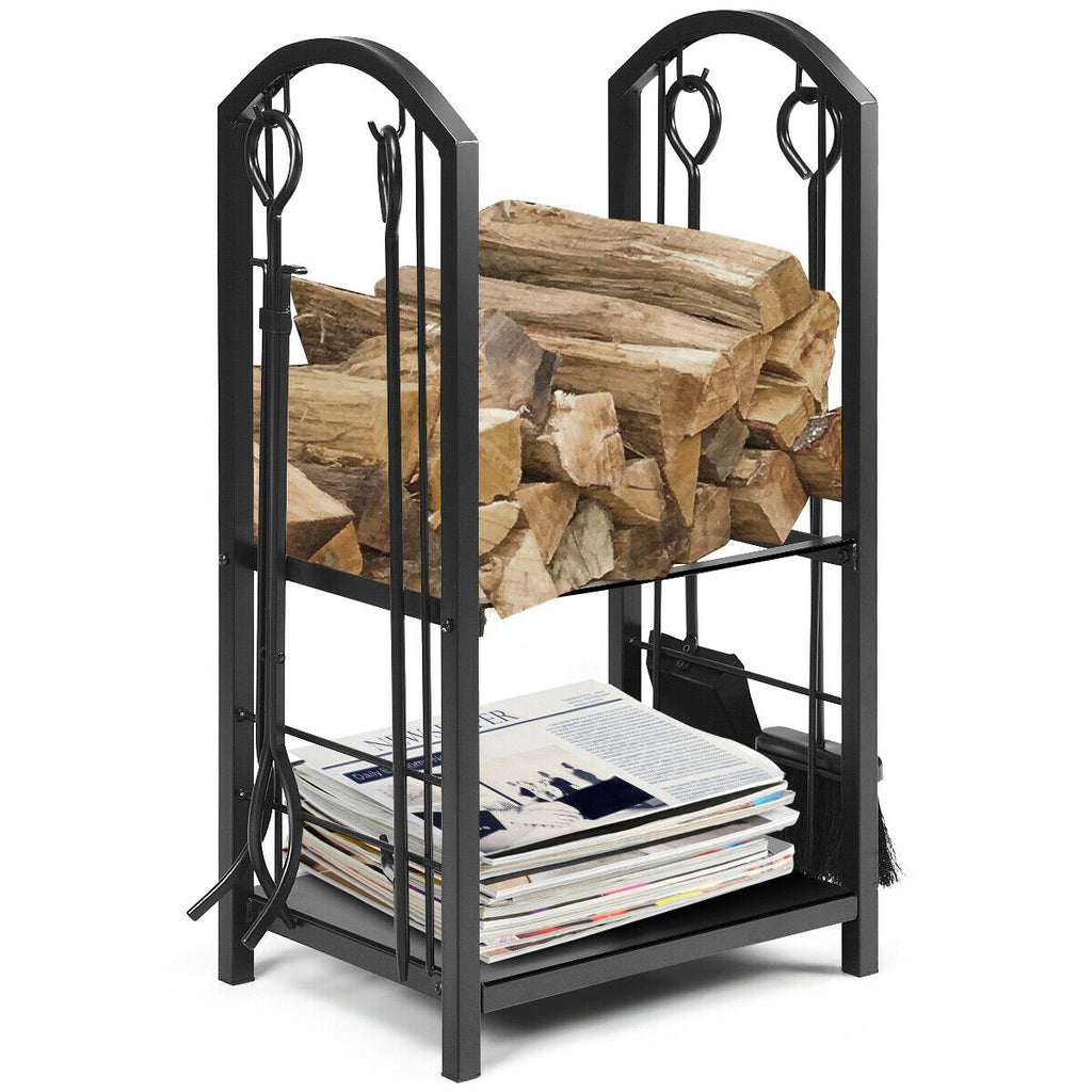 Fireplace Log Rack with 4 Tools and 2 Shelves - Black