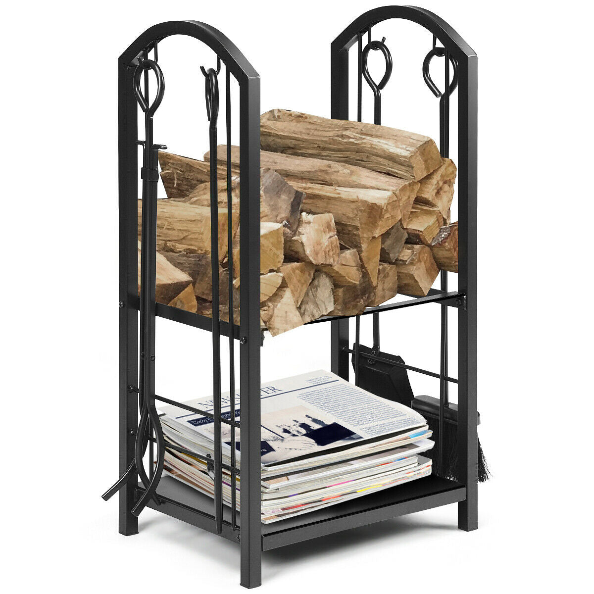 Fireplace Log Rack with 4 Tools and 2 Shelves - Black