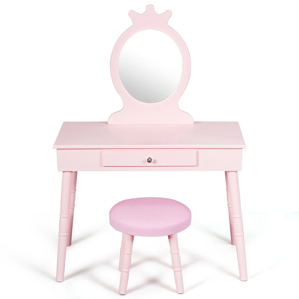 Kids Wooden Princess Makeup Table with Cushioned Stool & Round Mirror - Pink Variation