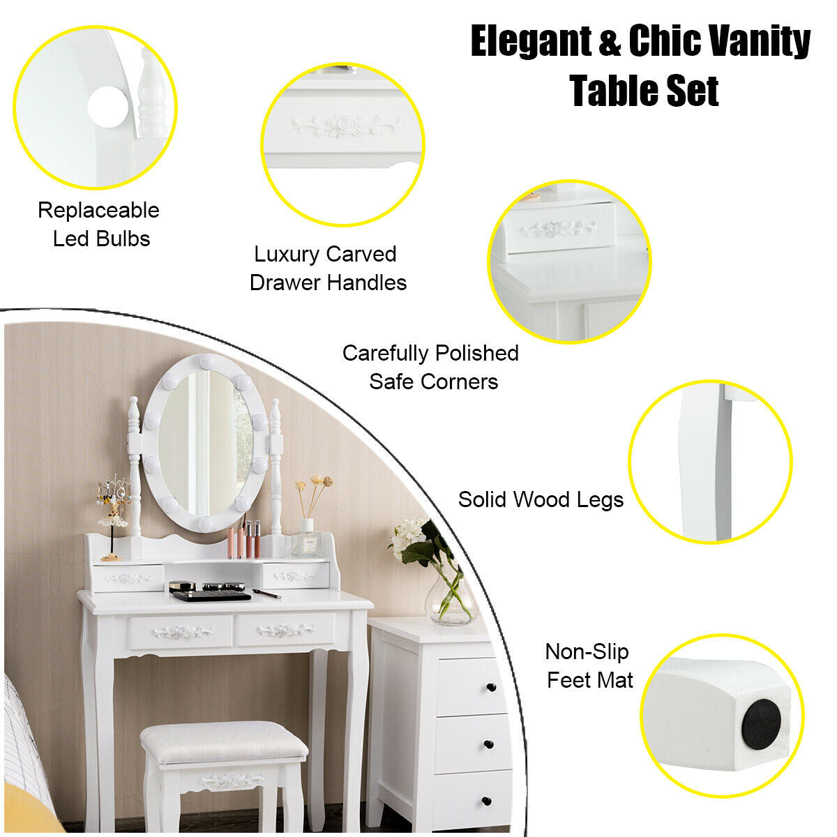 Makeup Dressing Table with Lighted Mirror and Stool - Style 1, White